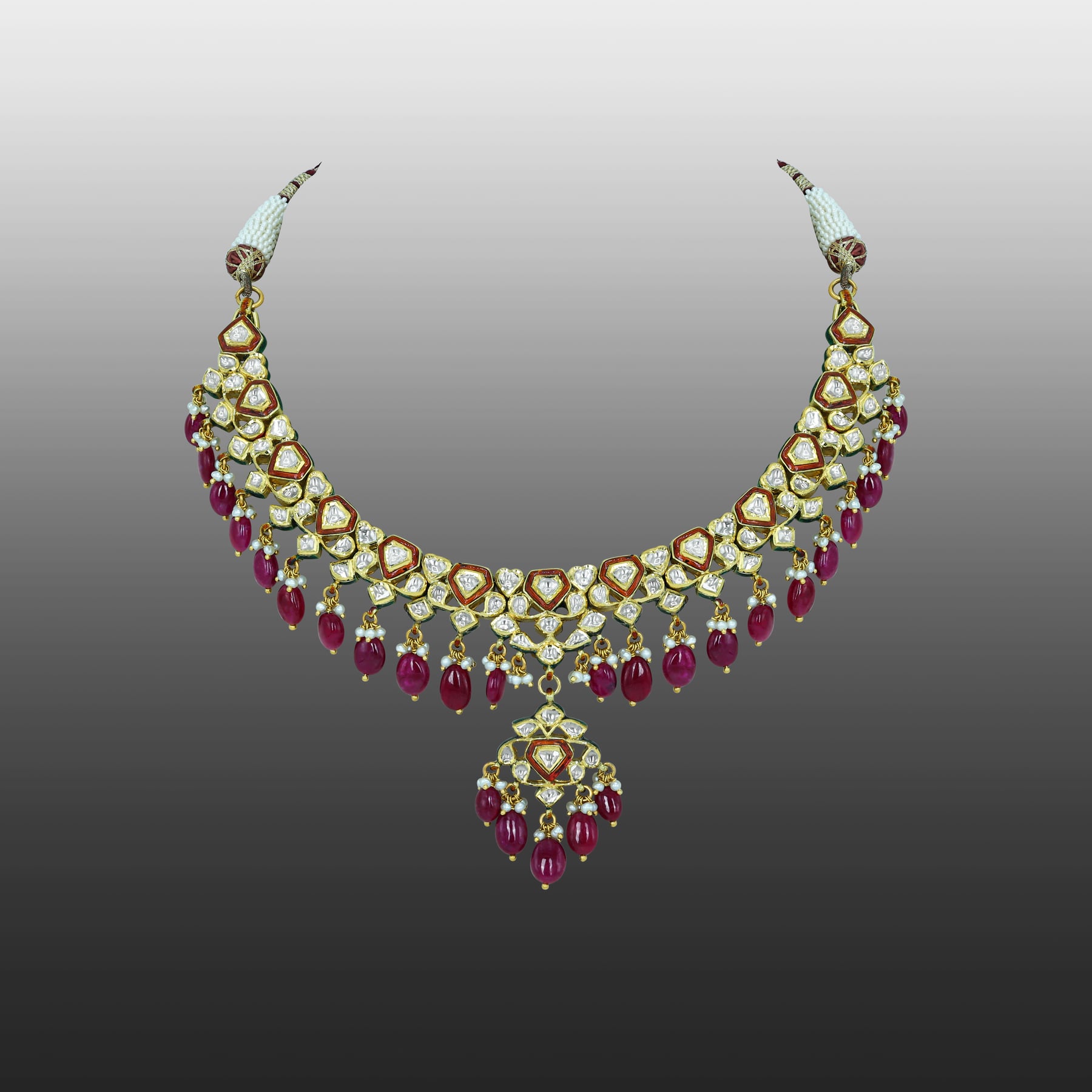 Polki Necklace with Ruby Drops and Red Enamel
